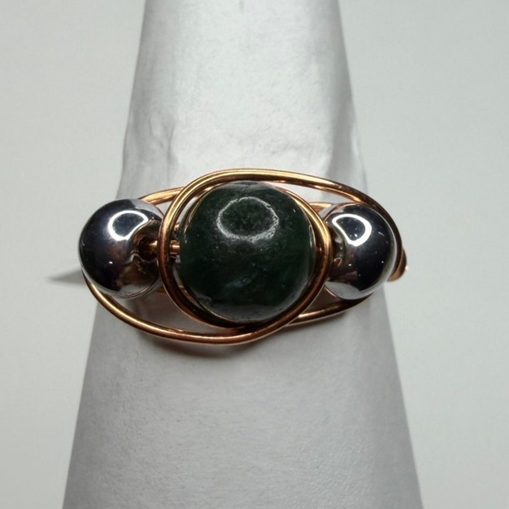 Green Jade ring copper handmade colored gemstone